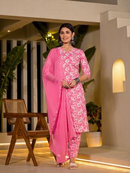 Yufta - Pink Floral Print Cotton Straight Kurta with Pant & Dupatta (Set of 3)