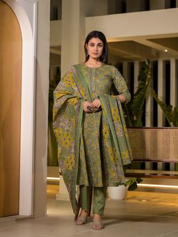 Yufta - Green Thread Work Cotton Anarkali Kurta with Pant & Dupatta (Set of 3)