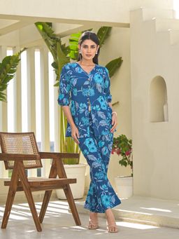 Yufta - Blue Cotton Ethnic Floral Print Co-Ord (Set of 2)