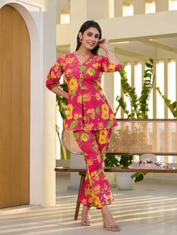 Yufta - Pink Cotton Ethnic Floral Print Co-Ord (Set of 2)