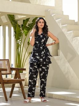Yufta - Black Cotton Floral Print Co-Ord (Set of 3)