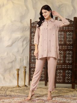Stylum - Beige Embroidered Rayon Shirt Style Co-Ord (Set of 2)