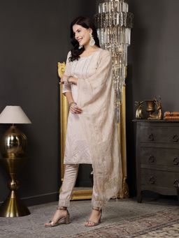 Stylum - Beige Embroidered Silk Blend Straight Kurta with Pant & Dupatta (Set of 3)