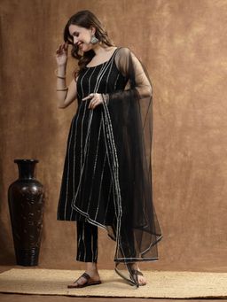 Stylum - Black Embroidered Embellished Rayon Straight Kurta with Pant & Dupatta (Set of 3)