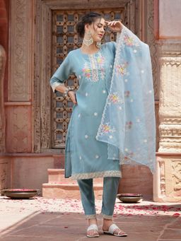 Stylum - Blue Embroidered Silk Blend Straight Kurta with Pant & Dupatta (Set of 3)