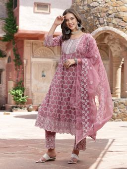 Stylum - Mauve Embroidered Sequins Silk Blend Anarkali Kurta with Pant & Dupatta (Set of 3)