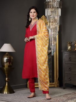 Stylum - Red Lehariya Print Embroidered Muslin Straight Kurta with Pant & Dupatta (Set of 3)