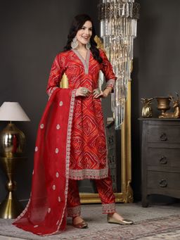 Stylum - Red Bandhani Print Embroidered Muslin Straight Kurta with Pant & Dupatta (Set of 3)