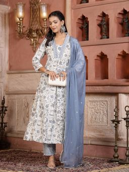 Stylum - White Paisley Printed Embroidered Silk Blend Kurta with Pant & Dupatta (Set of 3)