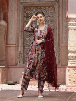 Stylum - Multi-Color Floral Printed Embroidered Silk Blend Kurta with Pant & Dupatta (Set of 3)