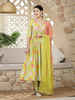 Stylum - Green Floral Printed Embroidered Rayon Alia Cut Kurta with Palazzo & Dupatta (Set of 3)