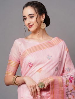 Akhilam - Pink Festive Linen Blend Printed Saree with Unstitched