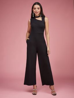 Miss Chase - Women's Black V-Neck Sleeveless Solid Wide Leg Regular Length Jumpsuit