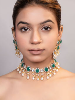 XAGO - Le Adi Gold Plated Mint Green Beads and Pearls Studded Choker Set