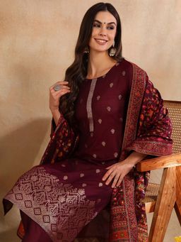 Vaamsi - Burgundy Silk Blend Ethnic Motifs Straight Kurta Pants with Dupatta (Set of 3)