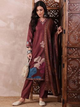 Vaamsi - Women Brown Rayon Blend Printed Straight Kurta Pants with Dupatta (Set of 3)