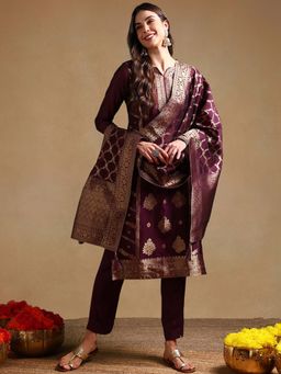 Vaamsi - Women Dark Wine Chanderi Silk Woven Design Kurta Pant with Dupatta (Set of 3)