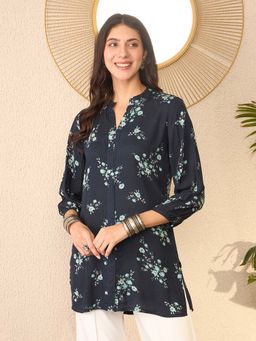 Vaamsi - Navy Blue Rayon Blend Floral Printed Regular Top
