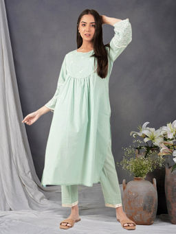 Zuri - Sea Green Embroidered Cotton Kurta Paired With Matching Pant
