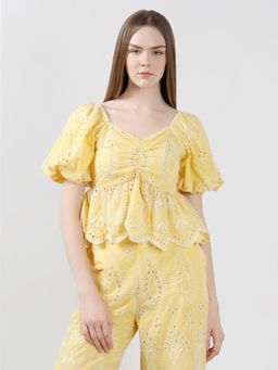 VERO MODA - Yellow Schiffli Embroidered Top