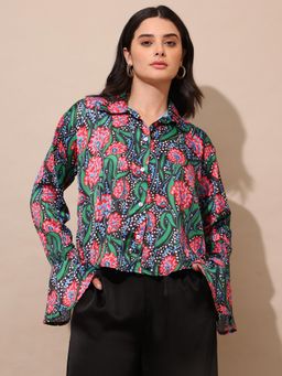 PURVAJA - Printed Black Floral Collar Neck Shirt