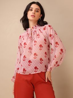 PURVAJA - Printed Peach Floral Ruffled Neck Top
