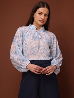 PURVAJA - Printed Blue Floral Ruffled Neck Top