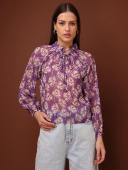 PURVAJA - Printed Purple Floral Ruffled Neck Top