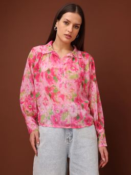 PURVAJA - Printed Pink Floral Collar Neck Top