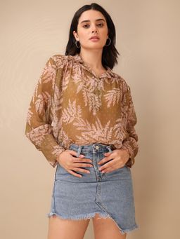 PURVAJA - Printed Olive Printed Collar Neck Top