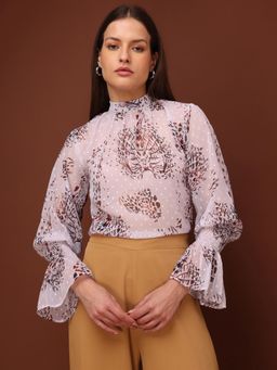 PURVAJA - Printed Pink Printed High Neck Top