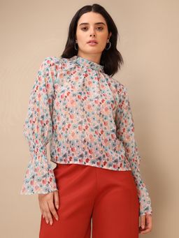 PURVAJA - Printed Multi-Color Floral Ruffled Neck Top