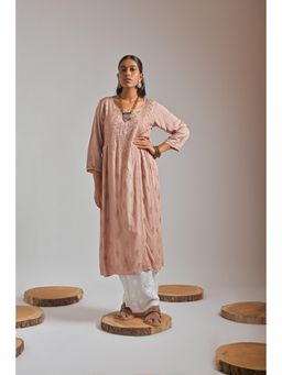 SAAYA THE LABEL - Nishat Beige Modal Chikankari Kurta With Embroidered Palazzo (Set of 2)