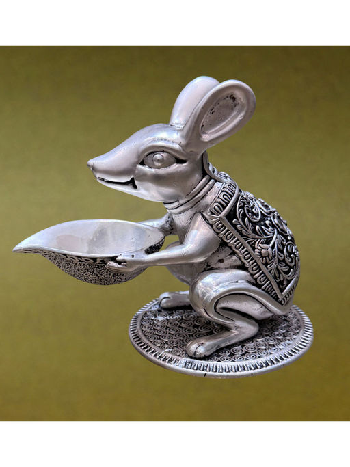 SABERA Hand-Carved Silver-Plated Mushak with Diya Auspicious Ganesh Vahan Idol
