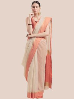 Rajnandini - Womens Beige and Orange Cotton Woven Traditional Saree with Unstitched Blouse