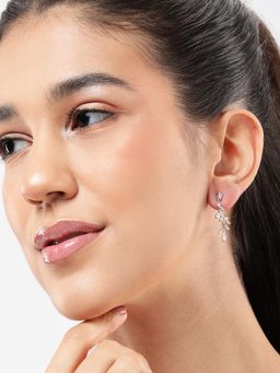 Carlton London - Silver Plated Cz Stone Leaf Drop Earrings