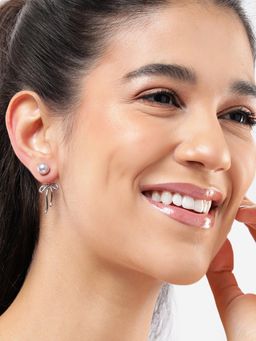 Carlton London - Silver Plated Pearl Bow Front Back Drop Earrings