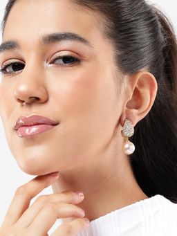 Carlton London - Gold Plated Dangling Pearl and Cz Drop Earrings
