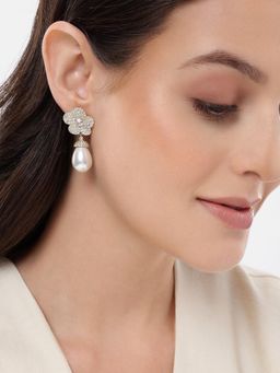 Carlton London - Premium Gold Plated Cz Dangling Pearl Floral Drop Earrings