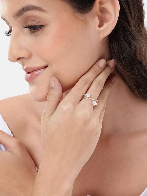 Carlton London Silver Plated Double Band Pearl Adjustable Ring