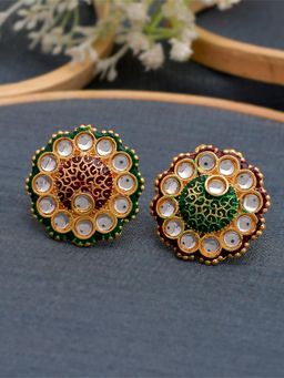 Silvermerc Designs - Multi-Color Floral Meenakari Kundan Rings (Pack of 2)
