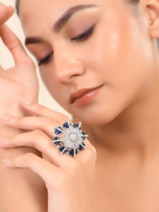 Silvermerc Designs Blue American Diamond and Silver Plated Cocktail Ring