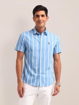 U.S. POLO ASSN. - Stripes Blue Half Sleeves Collar Neck Shirt