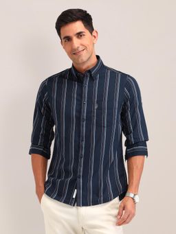 U.S. POLO ASSN. - Stripes Navy Blue Full Sleeves Collar Neck Shirt