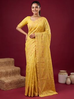 Sareemall - Women's Yellow Woven Design Saree with Unstitched Blouse