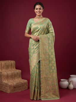 Sareemall - Women's Mint Green Woven Design Saree with Unstitched Blouse