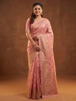 Sareemall - Women's Pink Woven Design Saree with Unstitched Blouse