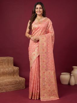 Sareemall - Women's Pink Woven Design Saree with Unstitched Blouse