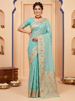 Sareemall - Women's Light Blue Woven Design Saree with Unstitched Blouse