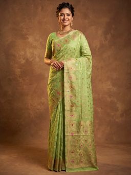 Sareemall - Women's Green Woven Design Saree with Unstitched Blouse